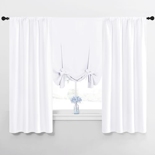 NICETOWN 1 Panel 46 x 63 Tie up Curtain with 2 Panles 34 x 63 Rod Pocket Blackout Curtains for Living Room Thermal Insulated Window Shade for Bedroom, Pure White
