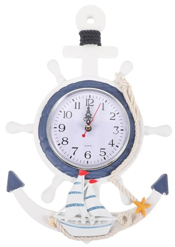 IMIKEYA Mediterranean Style Anchor Clock, Outdoor ClocksNautical Anchor Ship Steering Wheel Fishing Net Wall Clock for Beach Sea Theme Decor