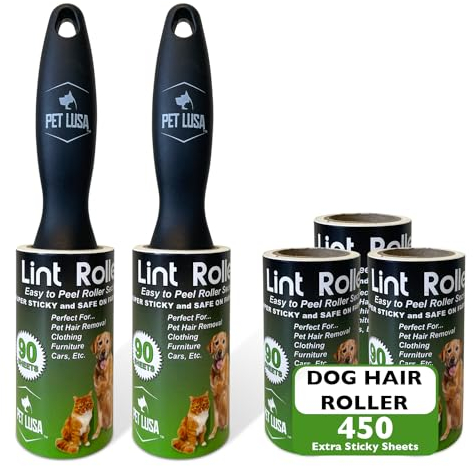 Pet Lusa's Extra Sticky Pet Hair Lint Rollers - 450 Sheets/5 Refills, Dual Handles - Ideal for Clothes, Furniture, and Carpet - Effortless Lint Removal