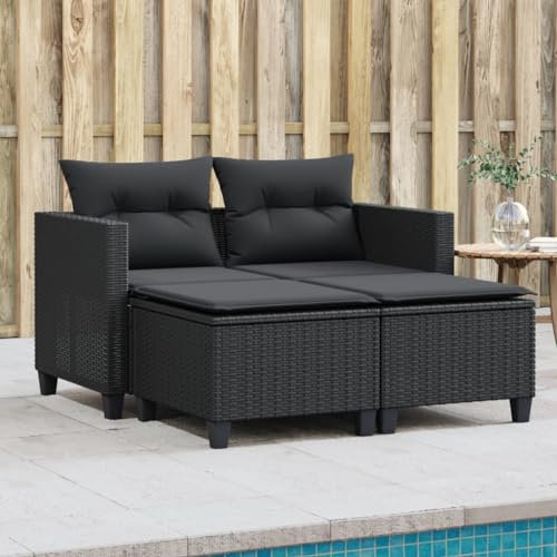 Homgoday Gartensofa 2-Sitzer mit Hockern Gartenlounge Set Balkonsofa Rattansofa Gartensofa Loungesofa Terrassensofa Lounge Sofa Sitzgruppe Gartenset Schwarz Poly Rattan