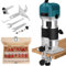 Palm Router Trimmer, 30000RPM Woodworking Hand Router with Trimmer Base & 15Pcs 1/4(6.35mm) Router Bits Set, Compact Wood Palm Router Tool with 6 Speed & Straight Guide for DIY Woodworking (01)