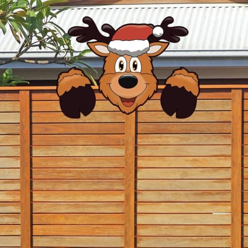 Weihnachtszaun-Dekoration für den Außenbereich, Weihnachtsgartendekoration, lustiges Rentier, Zwerg und Weihnachtsmann, Peeker, Hofschild für Gartenzaun-Dekorationen (Rentier)