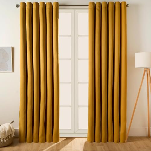 Dreamscene Yellow Eyelet Blackout Curtains for Bedroom Living Room, Thermal Soft Modern Decorative Insulated Lined Curtains Set for Summer Winter, 46x54” - Ochre