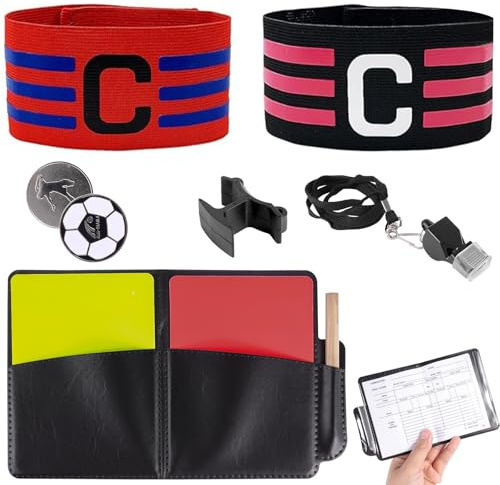GTNCE domare set, fotboll domare kort set med PVC rött gult kort, väska prickebok, domare visselpipa, valmynt och kaptensbinda för fotbollsmatch, skolsport sport