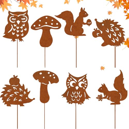 8er Gartenstecker Rost Herbsts Deko Herbstdeko Outdoor Innen 25cm Gartenstecker Herbsts mit Igels Eules Pilzes Eichhörnchen Rost Herbsts Dekoration für Blumentopf Garten Hinterhof Rasen Deko
