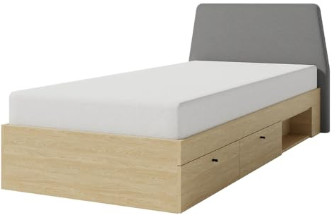 Lomadox Jugendzimmer Kinderzimmer Bett Kinderbett Jugendbett Einzelbett Bettgestell 90x200 cm Liegefläche in Eiche mit grau, mit Bettschubkästen