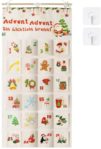 ZYNERY Adventskalender zum Befüllen Stoff 2025, 24 Adventskalender zum Befüllen und Aufhängen Kinder Wiederverwendbar Weihnachtskalender zum Befüllen mit 2 Klebehaken