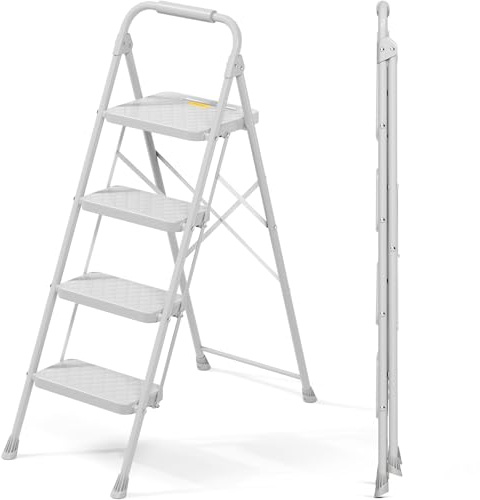 Kingrack Stegstege, hopfällbar i 4 steg, hushållsstege, hopfällbar steg, stege med säkerhetslås, halkfri pedal, bekväm ledstång, bärbar stegpall för kök, kontor, terrass (grå)