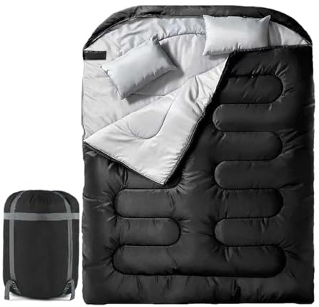 Sac de Couchage Adulte à 2 Personnes | Sac de Couchage étanche pour l'été et l'hiver | Type de Tibia de 150 cm Connexion du Sacs de couchages | Rétention de Chaleur Confortable, avec Oreiller,