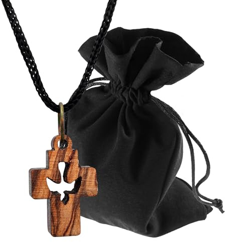 Lunexus Collier croix en bois d'olivier avec colombe - Fait main à Bethléem - Pendentif chrétien béni avec certificat - Symbole Saint-Esprit Paix avec cordon de 80 cm et pochette en velours