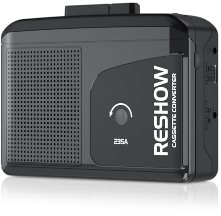 Reshow Lettore di cassette portatile, microfono e altoparlante integrati, convertitore da cassetta USB a MP3, registrazione inversa su nastro, registratore a cassette bianco con cuffie