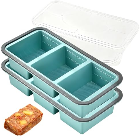 GOMETY 2 stycken soppa, frysbehållare, silikon, 3 galler, frysbehållare med lock, stor soppfrys, isbitsform, frysplatta för soppbuljong, isbitar (blå)