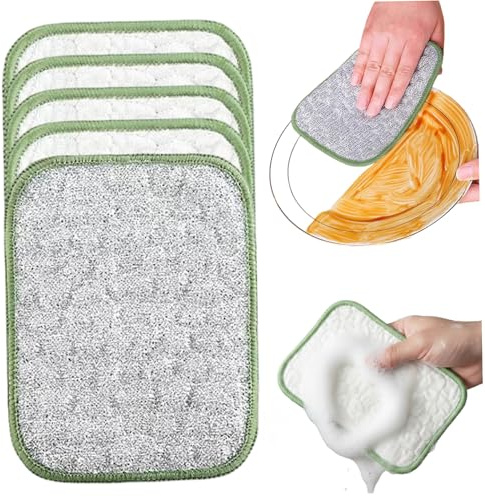 SMELEYOU Wire Dishwashing Rags – Reusable Double Layer Cleaning Cloths 5 pcs (Cotton Yarn 6.3×4.7×0.4 in) Non Scratch Wire Dishcloth for Kitchen and Household Green
