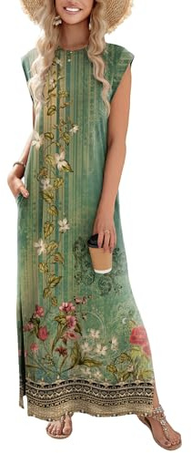 Zeagoo Womens Casual Summer Sundresses Beach Vacation Clothes for Women Long Maxi Dress Green Floral Loose Split Wrinkle-Free Dress Green Ethnic Pattern S