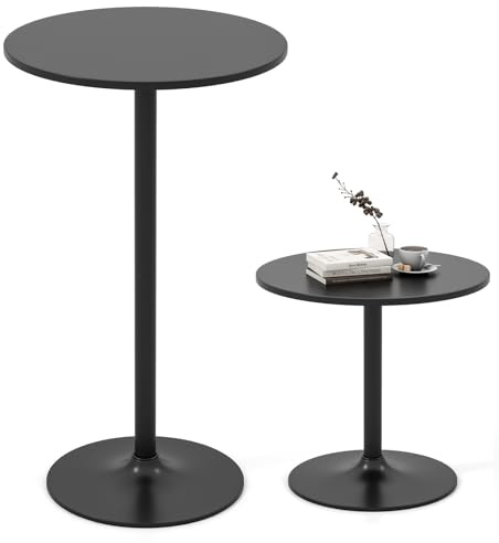 COSTWAY 2-in-1 Bar Table Set of 1/2, 56cm/101cm Height Adjustable Coffee Table with Detachable Pole & Metal Base, 60cm Round Cocktail Dining Table for Dining Room, Restaurant, Kitchen (1, Black)