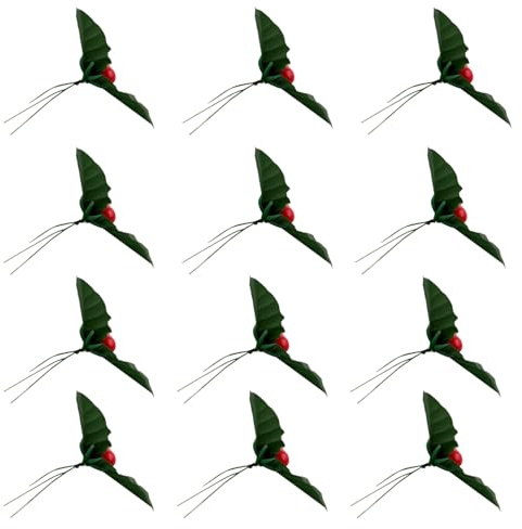 NUOBESTY 50 Steli Bacche Rosse Artificiali con Foglie di Agrifoglio 7 CM Rami Decorativi per Ghirlande Natalizie Riempitivo per Vasi Fai da Te Decorazioni Festive per Alberi e