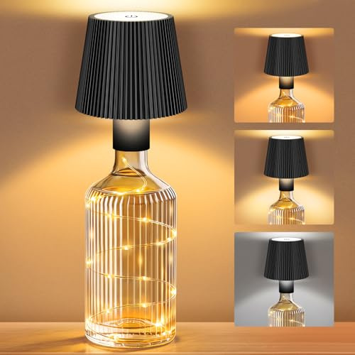 ICARE Flaschenlampe Aufsatz LED aufladbar mit Lichterkette, Schwarz | Kabellose USB-C, Touch Dimmbar, 3 Farbtemperaturen, für Balkon, Terrasse, Restaurant, Schlafzimmer, Bar und Camping