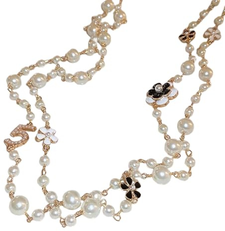 Långt pärlhalsband Kvinnor - Högpolsk imitation Pêarl tröjakedja med geometrisk design | Elegant kostym Smycken Layered Halsband för Party Bröllopspresent Modeaccessoar