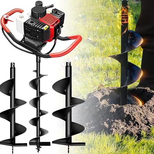 Tarière à Explosion avec Moteur de 199cc à 4Temps,Réservoir De 1200ml,Foret En Acier Au Manganèse,Tariere Thermique,Perceuse de Jardin et Champs Agricoles,3 Diamètre de foret 10cm/12cm/15cm