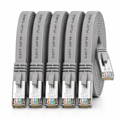 1aTTack.de 5m - gris - 5 pièces Câble ruban LAN Ethernet Gigabit CAT.7 (RJ45) câble réseau câble brut (10Gbit/s) câble d'installation plat mince compatible avec Cat.5 - Cat.5e - Cat.6