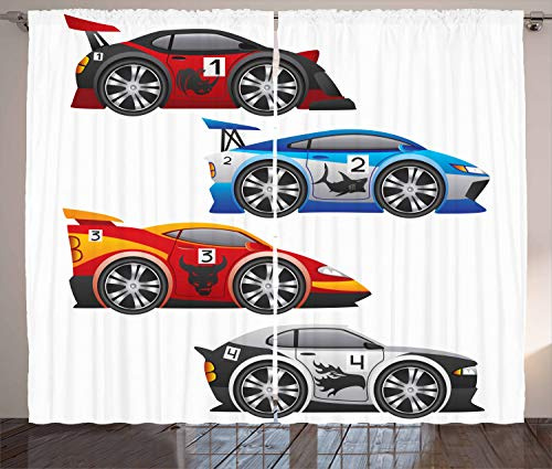 ABAKUHAUS Autos Rustikaler Vorhang, Formula Cars Technologie, Wohnzimmer Universalband Gardinen mit Schlaufen und Haken, 280 x 260 cm, Rot Aqua