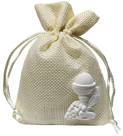 PuntoCasaStore Lot de 10 sachets de 10 x 13 cm en jute, crème porte-dragées avec craie, calice de communion 4 x 2,5 cm