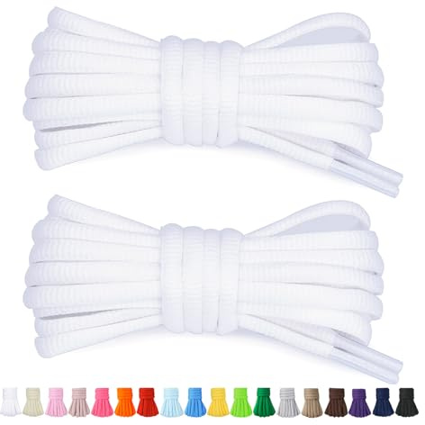 Stepace 2 Paires de Lacets Arrondis de 60cm Pour Baskets, Longueur 200cm 18 Couleurs, Lacets de Chaussures Blanc 120cm