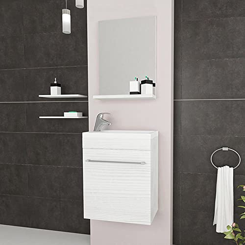 Inbagno Mobile Bagno sospeso salvaspazio Compatto, L.40 x P.22.5 x H. 55.6 cm, Vasca Reversibile, Completo di lavabo in Ceramica Specchio e mensola (Rovere Bianco)