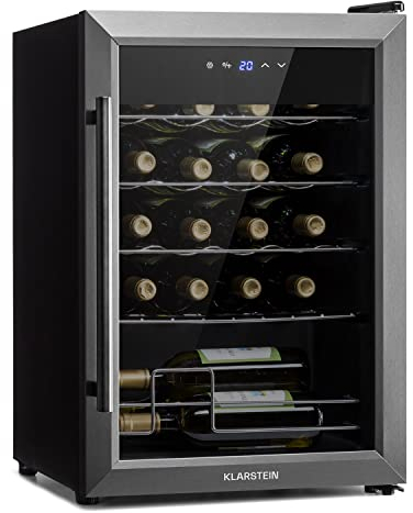 Klarstein Ultimo Uno - Vinoteca, Nevera para vinos con regulador de temperatura entre 5 y 8 °C, Control táctil, Iluminación interior LED, Espacio para 20 botellas, 53 litros de volumen, Negro