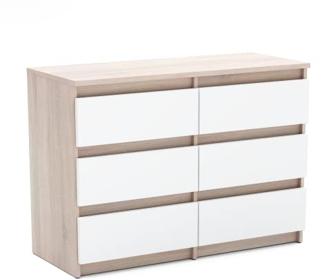 MRBLS Kommode mit 6 Schubladen Sideboard Schubladenschrank Kleiderschrank Modern Möbel mit Schubladen für Ihr Schlafzimmer (Sonoma - Weiß Matt) – 100 x 70 x 30 cm (B/H/T)