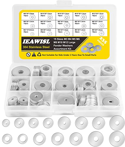 235 Stück Flache Unterlegscheiben Set, Beilagscheiben Sortiment 15 Größen M3 M4 M5 M6 M8 M10 M12, 304 Edelstahl Sicherungsscheiben mit Einer Sortimentskasten