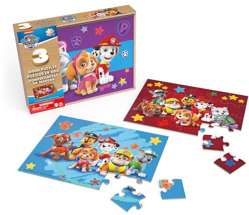 Spin Master Games- Paw Patrol, Coffret de 3 24 pièces, Puzzles boîte de Rangement en Bois transportable, Chase, Marcus, Stella, Ruben, pour Enfants à partir de 4 Ans, 6066794