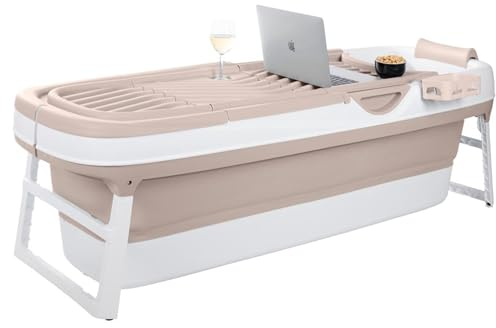 HelloBath® Baignoire Pliable XXL 157x60x48 cm pour Adultes | Baignoire Portable avec Coussin de Bain, Sac de Rangement, Lampe LED & Rouleaux Massage | Mobile pour Douche & Extérieur | Sable