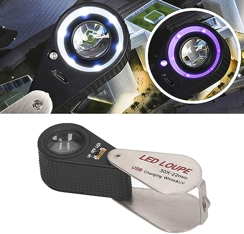 30-fache Juwelierlupe mit LED und UV-Licht, Wiederaufladbare Taschenfaltlupe, Mini-Lupe aus Metall für Juweliere, Briefmarkenphilatelisten und Münznumismatiker