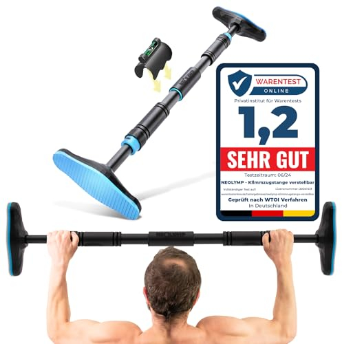 NEOLYMP Klimmzugstange Türrahmen ohne Schrauben mit Pull up Bar E-Book - Klimmzugstange verstellbar 70-100 cm mit Gewindesperre für sicheren Halt bis zu 200kg (Blau)