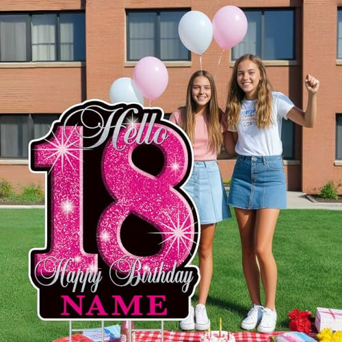 Großes Gartenschild zum 18. Geburtstag, 89,7 cm, personalisierter Name, 16. Geburtstag, Rasenschild, glitzernd, wasserdicht, Congratsschild mit Heringen für Happy Sweet 18, Party-Outdoor-Dekorationen