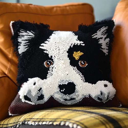 DIY knüpfen set anfänger Border-Collie-Tier knüpfkissen mit vordruck Schwarz-weißer Hund Kits zur Herstellung von Kissenbezügen/Kissenbezügen，Statement-Teppich，Knüpfhaken-Kits für ein St 43x43cm