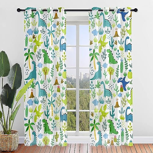 Odot Transparent Gardinen mit Ösen Schlaufen, Dinosaurier Druck Vorhänge Voile Sheer Vorhang Dekoschal Fensterschal Ösenvorhang für Wohnzimmer Fenster 2er Set, Schienensystem (140x244cm,Grün)