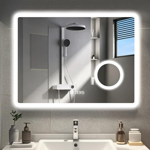 GIMBELEN Badezimmerspiegel mit Beleuchtung 80 x 60 cm, 3 Lichtfarben Einstellbar, Antibeschlag, LED Bad Spiegel mit Licht, Uhr, Wandspiegel mit 3-facher Vergrößerung
