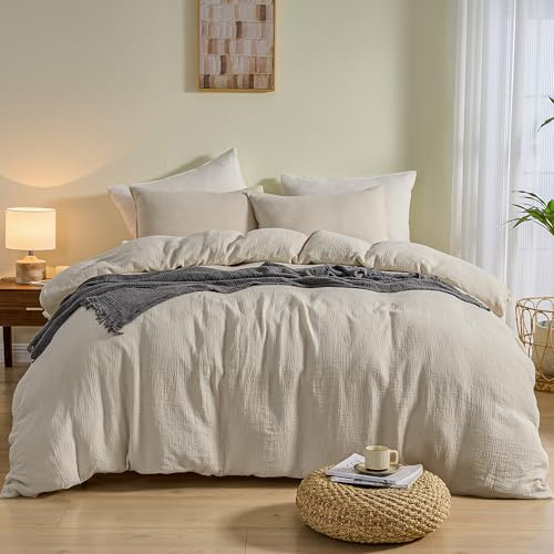 Simple&Opulence Linen Muslin Duvet Cover Set King Size, 3Pcs Grey Linen Cotton 3-Layer Gauze Minimalist Comforter Cover 104”x92”, Ultra Soft Breathable Seersucker Bedding Set with 2 Pillowcases