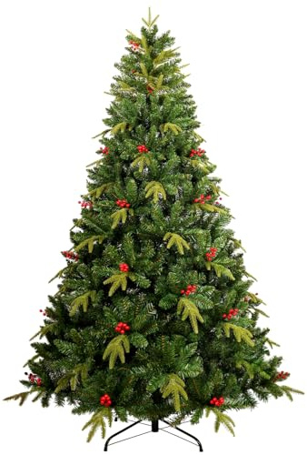 Uten Árbol de Navidad Artificial 180 cm, Realista PE Árbol Decoración Interior, 950 Aspecto Natural Puntas de PVC y PE, 31 Grupo Bayas Rojas, Rama de Bisagra, Base de Metal, Reutilizable