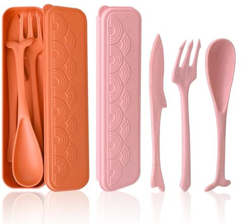 Travel Cutlery Set with Case, Portable Camping Cutlery Set for 2, Cute Ocean Themed Plastic Cutlery Reusable Knife Spoon and Fork Set for Lunch Box School Office Camping Picnic (Orange, Pink)