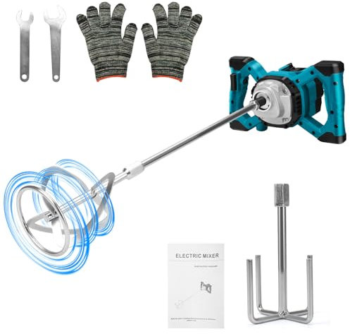 Agitatore per malta a batteria, compatibile con batteria Makita, 3200 W, senza brushless, mescolatore per calcestruzzo, con 2 aste di miscelazione (trasmissione a 6 marce, max 680r/min, senza