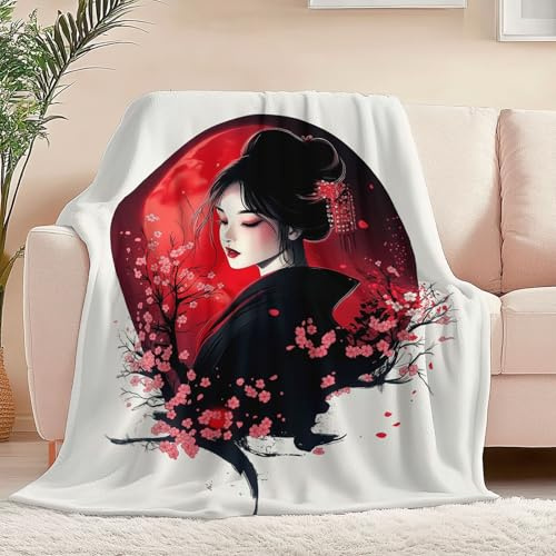 Kuscheldecke weich gemütlich Fleece-Flanell Decke Karikatur Japanische Geisha für alle Jahreszeiten, Sofa Couch Raumdekoration für Erwachsene Flanell Fleecedecke 150 x 200 cm, Weiß