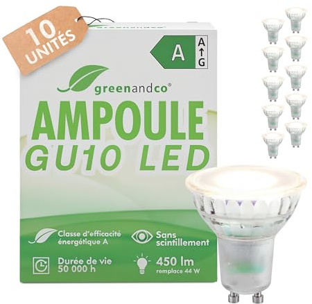 greenandco 10x GU10 | sostituisce 44W | bianco caldo 3000K | 2.5W 450lm | 36° | senza sfarfallio | classe di efficienza energetica A | lampadina LED 230V | non dimmerabile