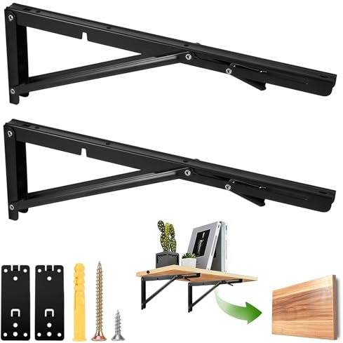 2 consolas plegables para cargas pesadas, bisagra plegable de 400 mm, acero inoxidable, soporte triangular de 90°, para salón, dormitorio, estudio, garaje, sin lesiones en las manos, color negro