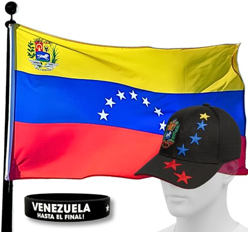 Bandera de Venezuela 7 Estrellas Grande Histórica 1954–2006 Bandera Venezuela 7 Estrellas + 1 Gorra Negra Talla M + 1 Pulsera con Lema “HASTA EL FINAL” + Bolsa de Algodón y Postal (Negro Kit M)