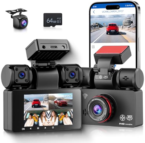 Hodozzy 4-kanal bilkamera 360°2K 1080P fram och bak vänster för bilkamera WiFi och app, 3-tums skärm med loopinspelning, mörkerseende G-sensor parkeringsläge + karta, integrerad stereo
