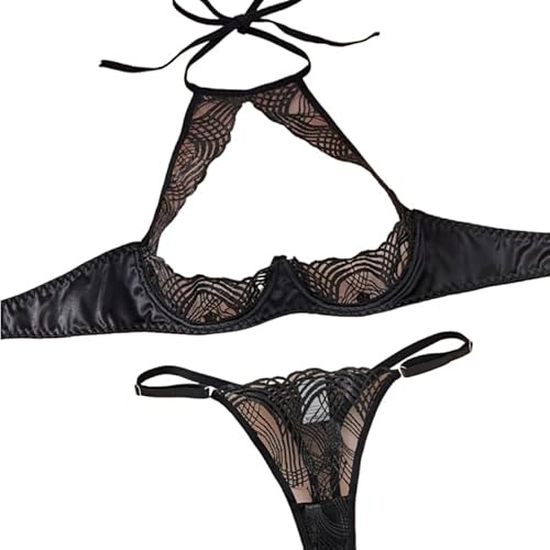 Dicosky Sexy Lingerie for Women,Sheer Nightwear Lace Open Cup Bra&Panty 2 Piece Set Role Play Valentine's Day (Large) Black