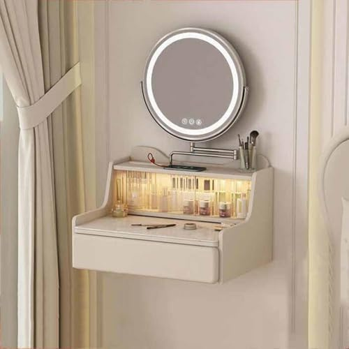 Moderno tocador de escritorio montado en la pared con sensor de luz LED, cajones flotantes de maquillaje y puerto USB, retráctil, ahorra espacio, mesita de noche (50 x 40,5 x 39,5 cm)